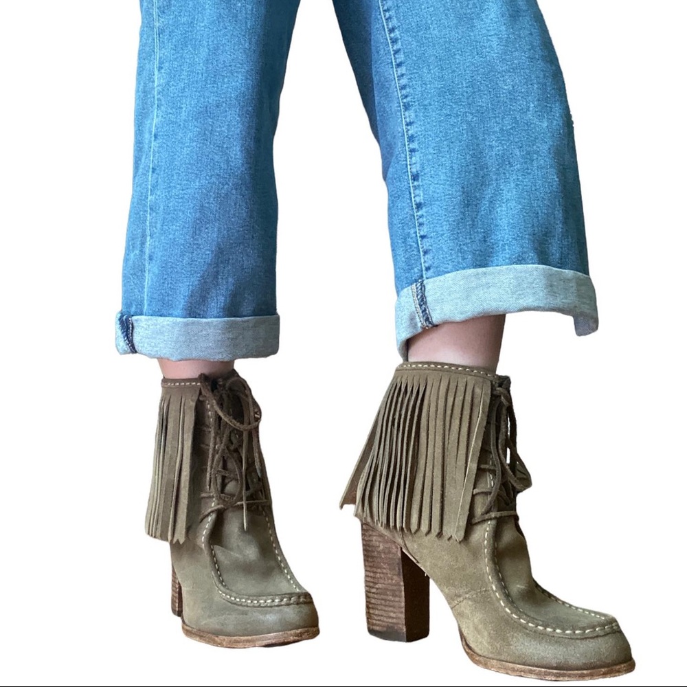 Frye Parker Fringe Short Distressed Grey Suede Heeled Moccasin Booties